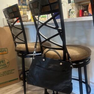 Furla Black Leather Tote with Silver Details